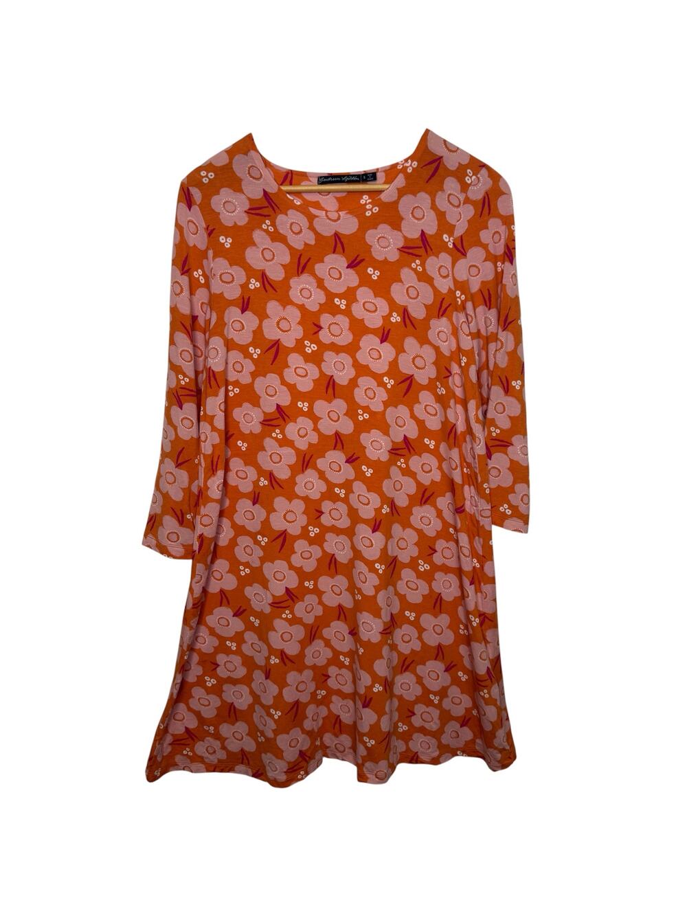 Gudrun Sjoden Orange Pink Floral Lagenlook Minimalist Jersey Dress Made Greece
